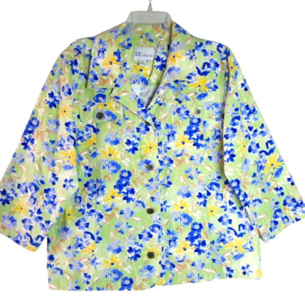 The Tog Shop Women's Size XL Jacket Green Blue Floral 3/4 Sleeve Denim Type